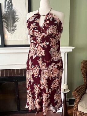 Ann Taylor LOFT 100% Silk Chiffon Paisley Halter Dress | Deep Wine | NWT | Size